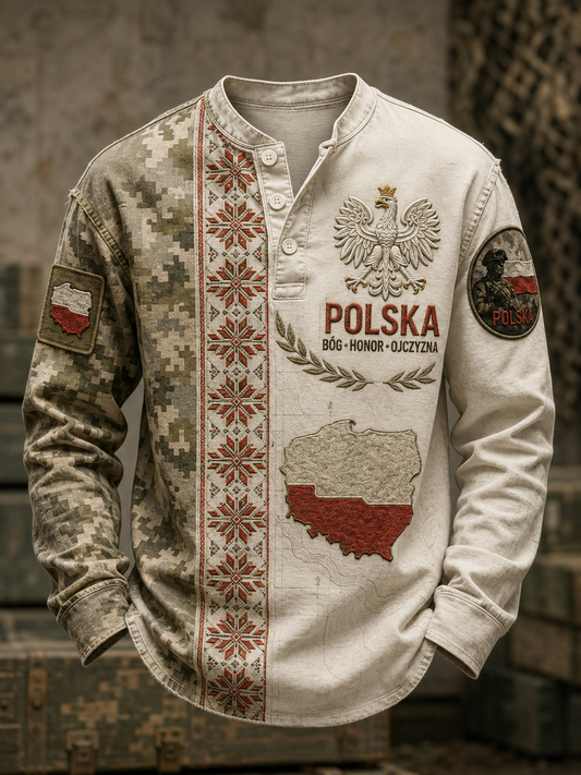 Męska koszulka z guzikami w stylu polskiej kultury wojskowej, na co dzień