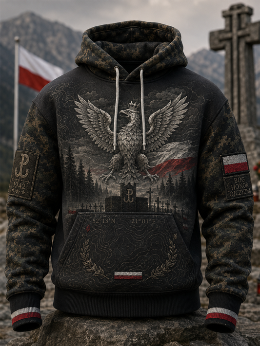 Męski polski wojskowy sweter z kapturem o oversized kroju i opadającymi ramionami, z kieszeniami