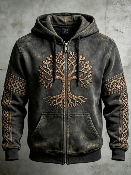 Męskie Retro Viking Valknut Drzewo Życie Kolor Blok Projekt Sztuki Zip-Up Bluza z kapturem