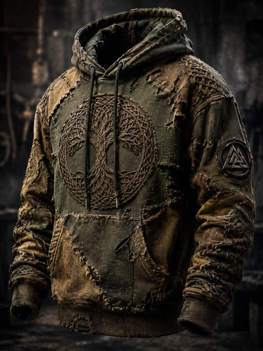 Męski retro bluza z kapturem w stylu wikingów z motywem Valknut i drzewa życia, o rozmiarze oversize, z opuszczonymi ramionami