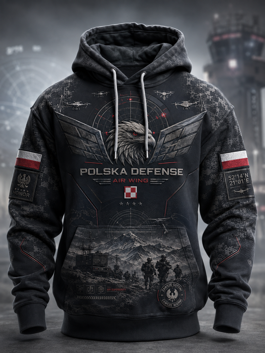 Męski polski wojskowy sweter z kapturem o oversized kroju i opadającymi ramionami, z kieszeniami