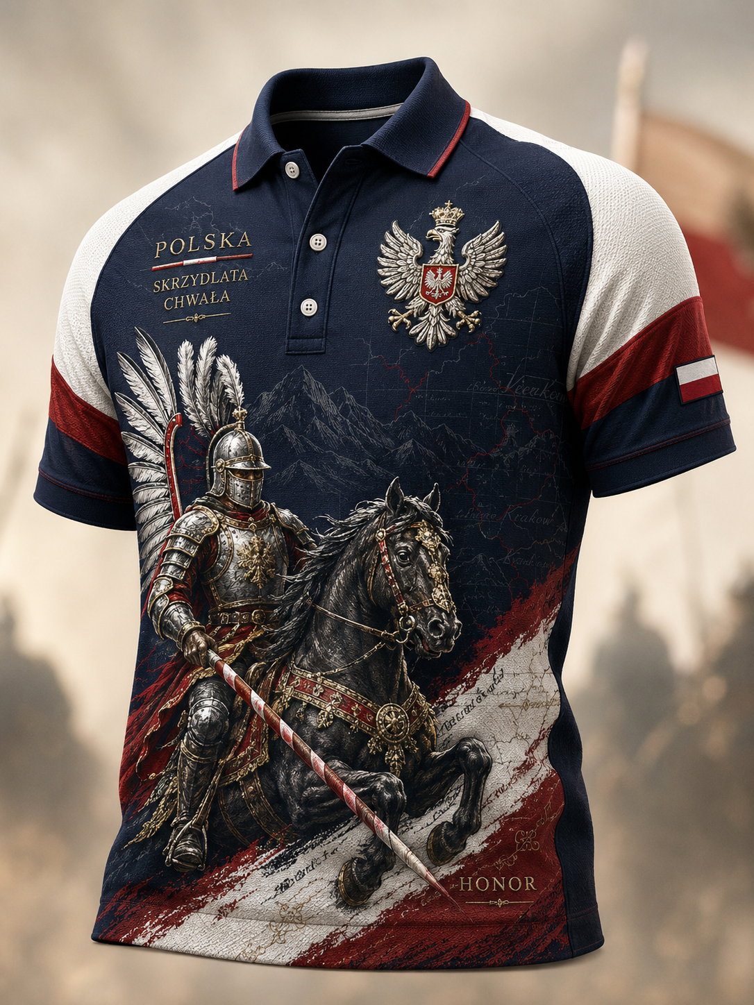 Koszulka polo z nadrukiem artystycznym przedstawiającym polską kulturę wojskową dla mężczyzn