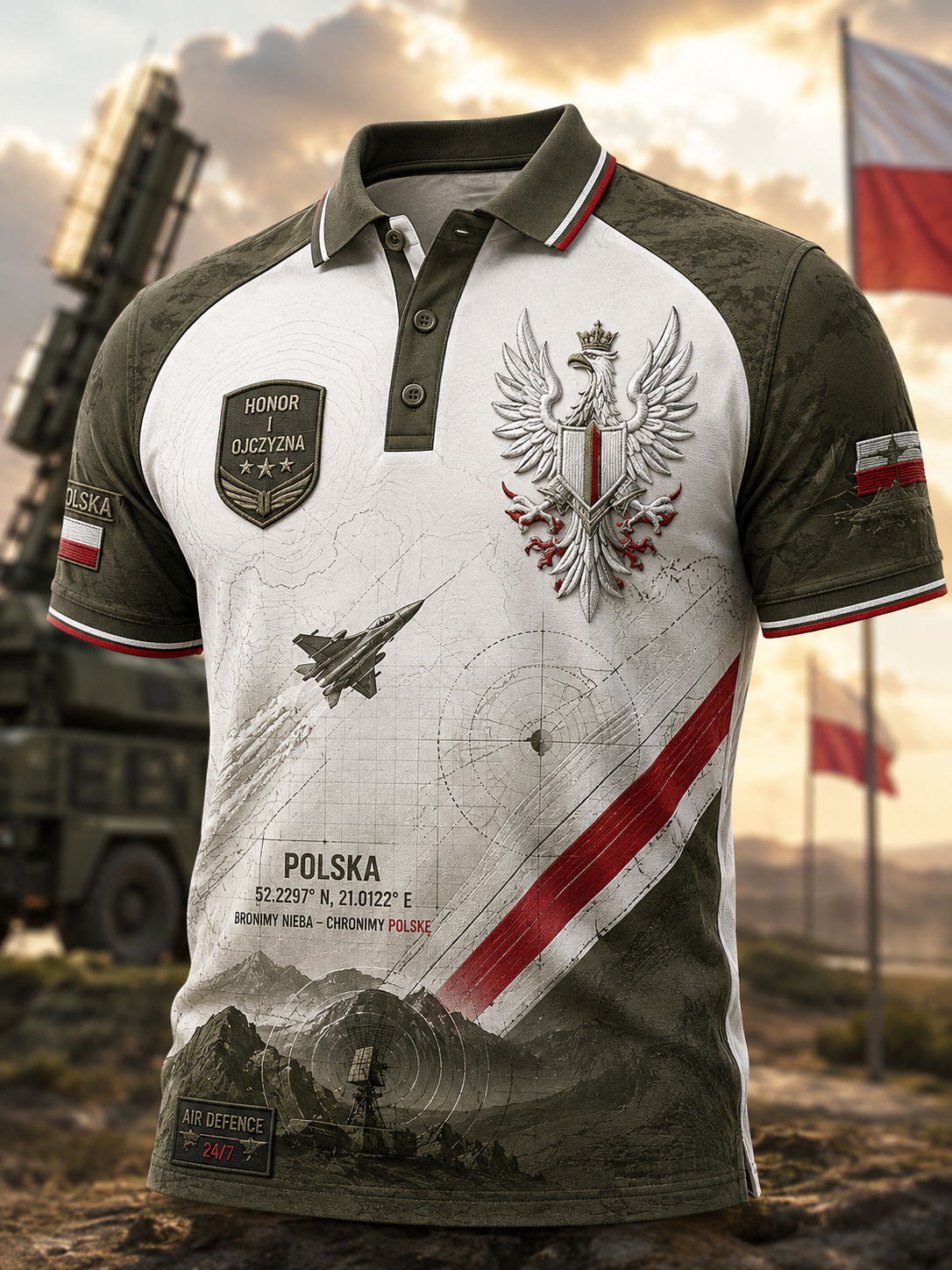 Koszulka polo z nadrukiem artystycznym przedstawiającym polską kulturę wojskową dla mężczyzn