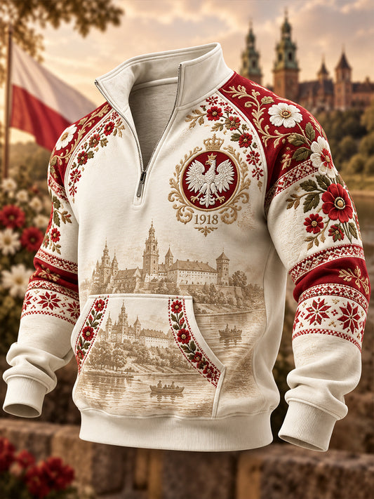 Męski bluza z półzapinającym się zamkiem i stójką na polskie Święto Niepodległości