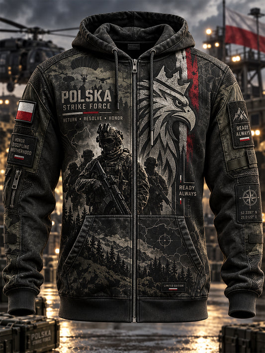 Męska polska kurtka wojskowa z kapturem i zamkiem