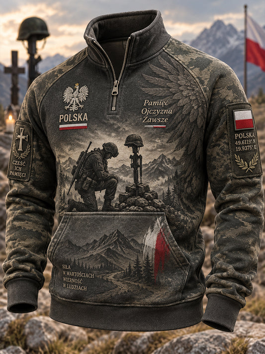 Męska bluza polskiej kultury wojskowej z półzapinającym się zamkiem i stójką