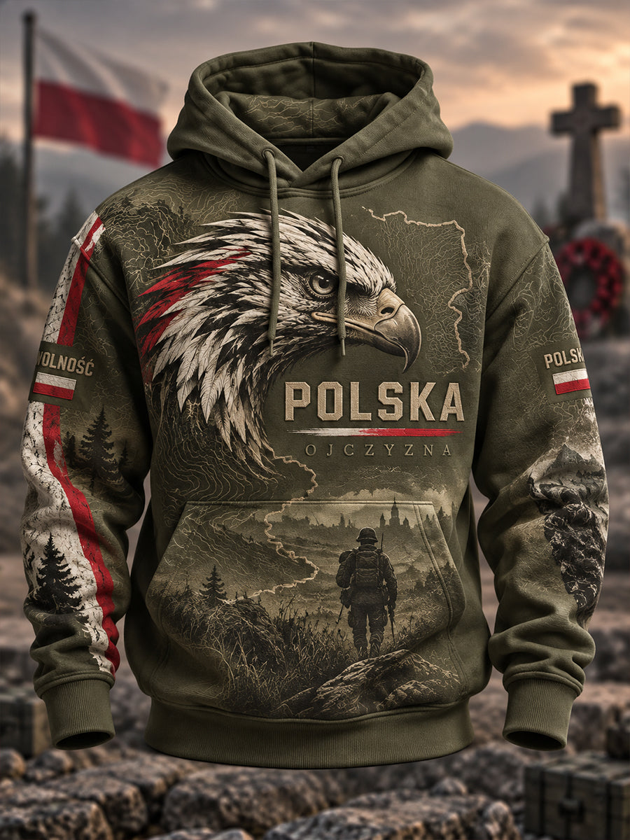 Męska bluza wojskowa w stylu polskim, o luźnym kroju z opuszczonymi ramionami i kieszeniami