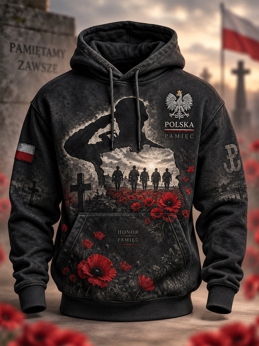 Męska bluza wojskowa w stylu polskim, o luźnym kroju z opuszczonymi ramionami i kieszeniami