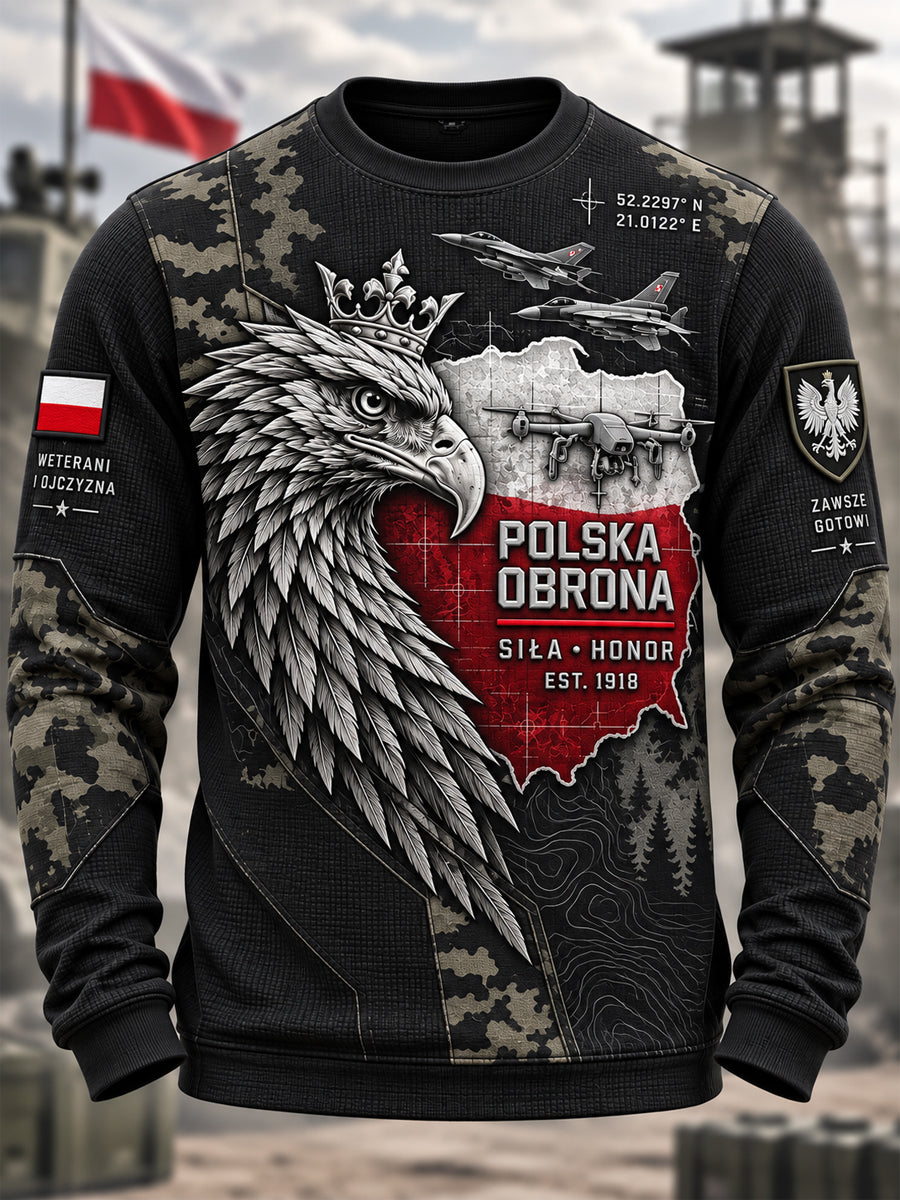Męski waflowy t-shirt z długim rękawem w stylu polskiej kultury wojskowej