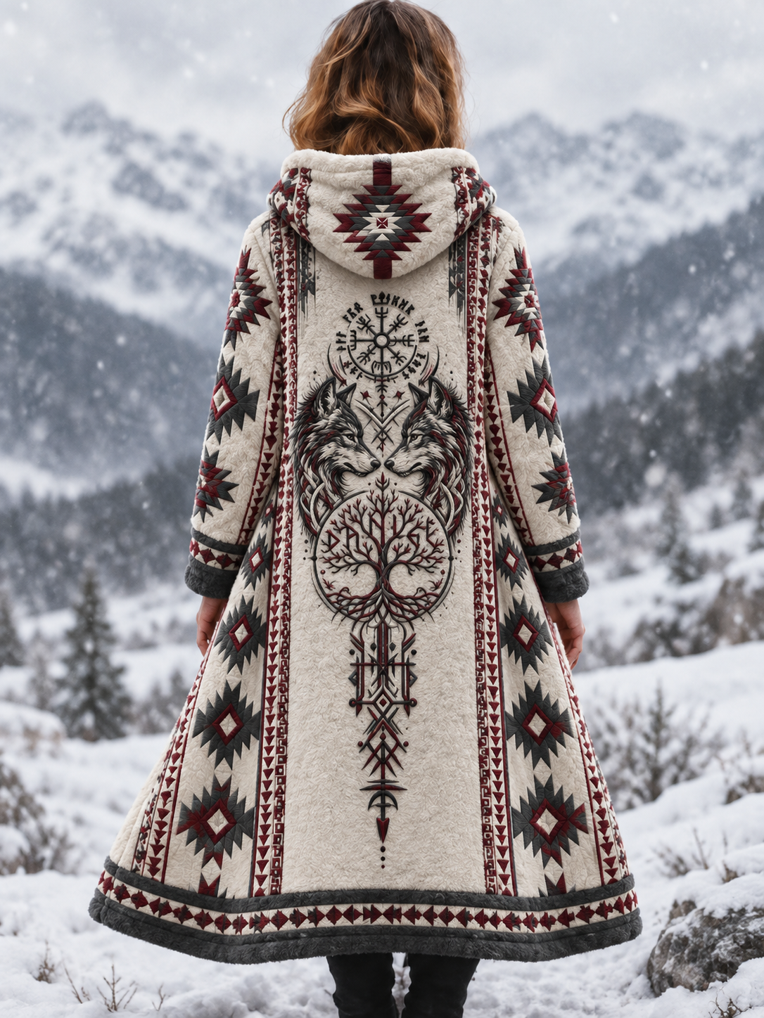 Damska kurtka flanelowa w stylu vintage z motywem głowy wilka wikinga i azteckim wzorem