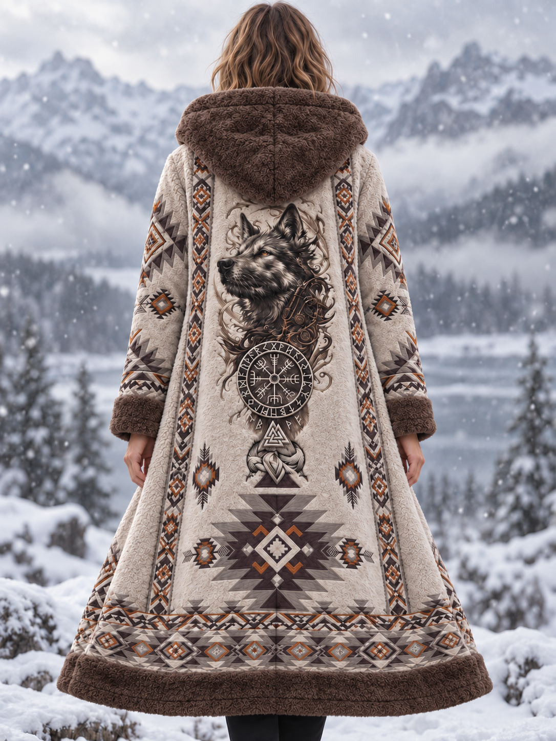 Damska kurtka flanelowa w stylu vintage z motywem głowy wilka wikinga i azteckim wzorem