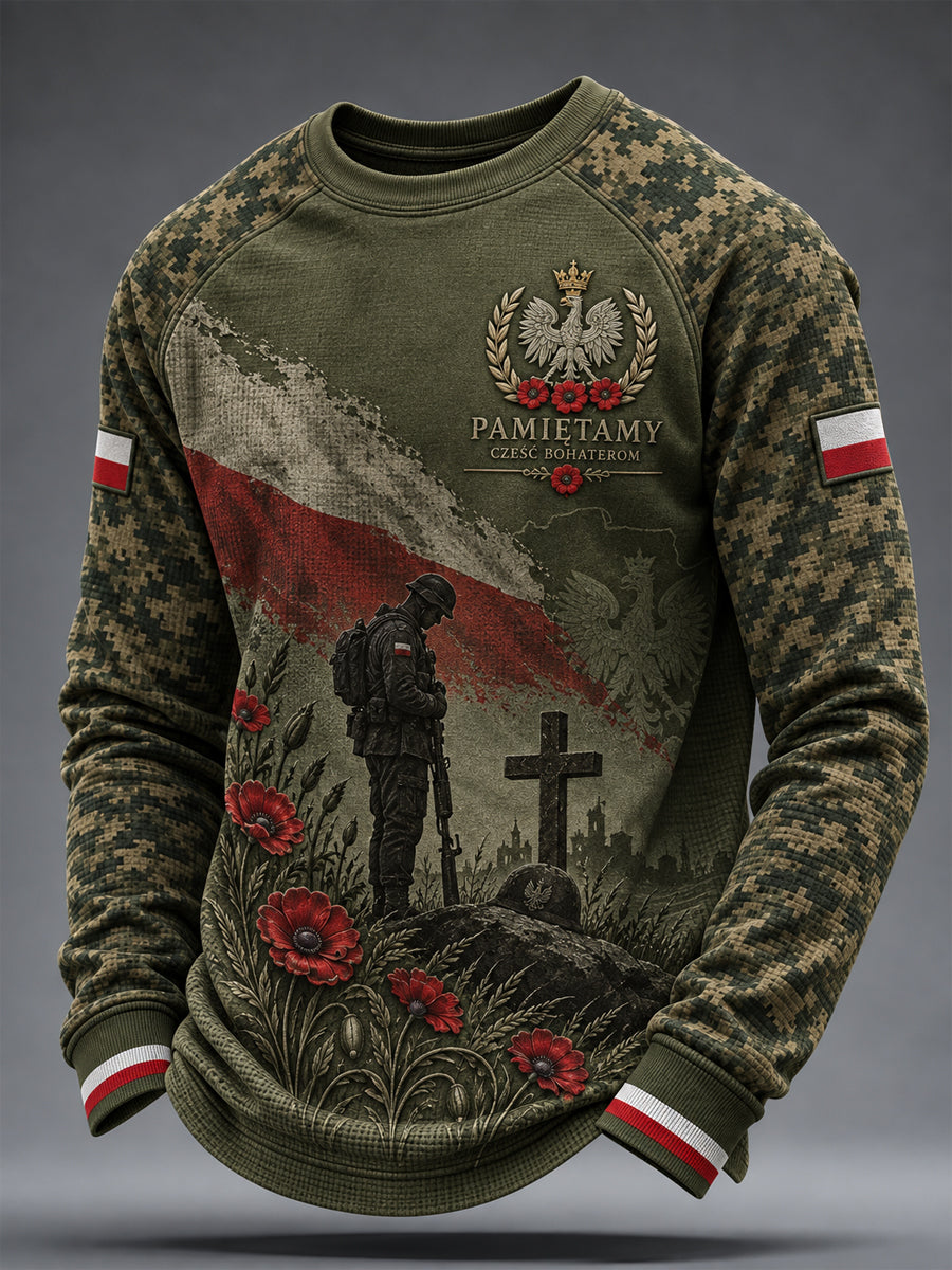 Męski wojskowy t-shirt z waflową fakturą i długim rękawem z polskim motywem pamiątkowym