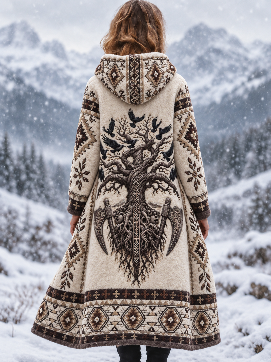 Damska Vintage Nordic Viking Tree of Life & Raven Aztec Gruba flanelowa kurtka