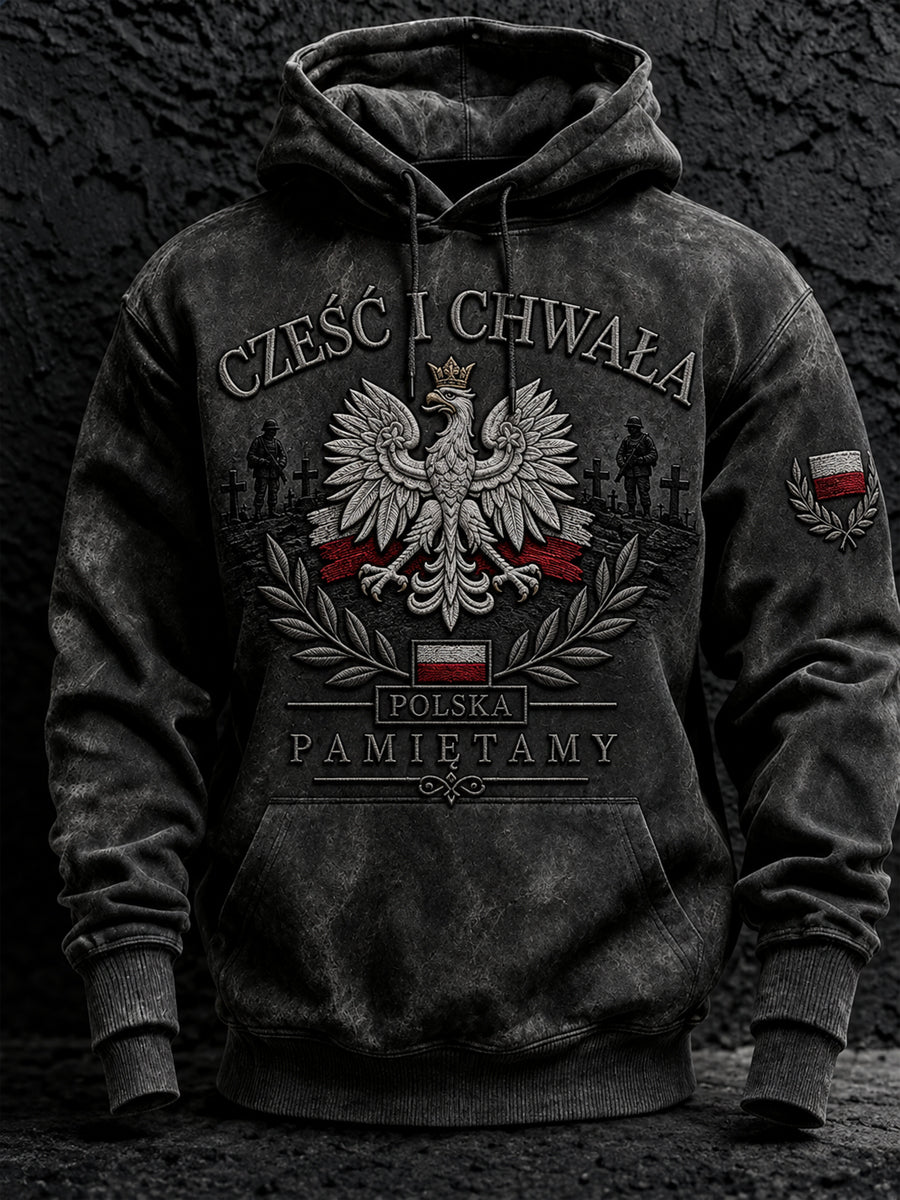 Męska kurtka wojskowa z kapturem o luźnym kroju i opadającymi ramionami, z kieszeniami