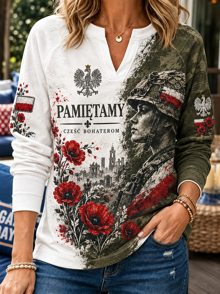 Damski sweter z dekoltem w kształcie litery V, upamiętniający wojskowych