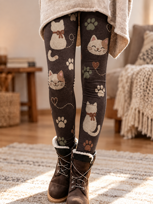 Damskie aksamitne legginsy z nadrukiem na jesień/zimę Cat Art