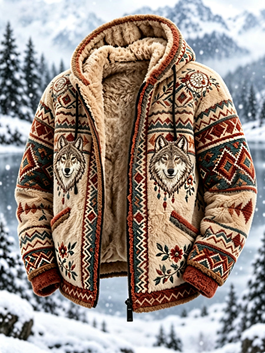 Męska kurtka z grubej flaneli w stylu nordyckim z głową azteckiego jelenia w stylu vintage