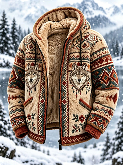 Męska kurtka z grubej flaneli w stylu nordyckim z głową azteckiego jelenia w stylu vintage