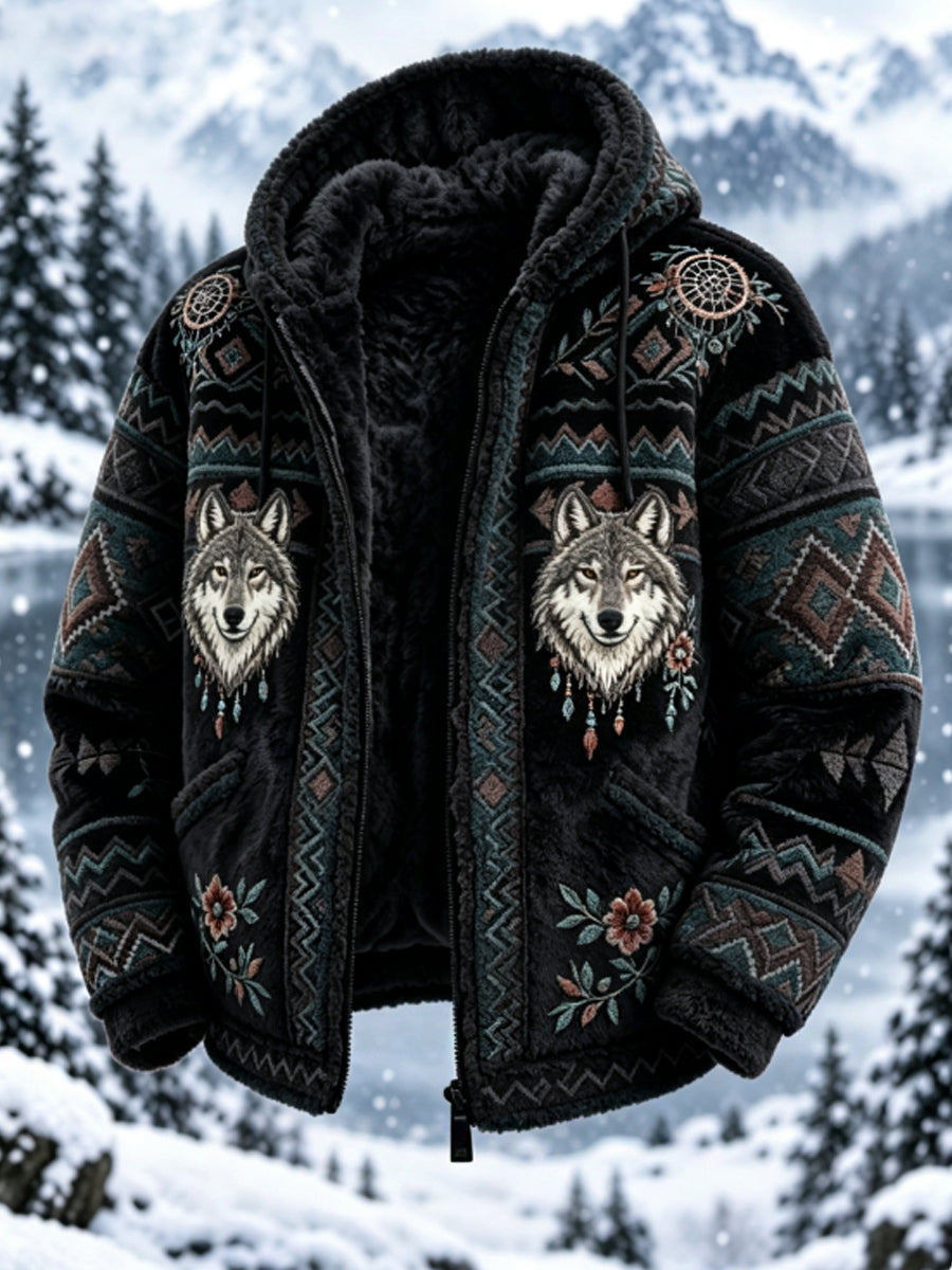 Męska kurtka z grubej flaneli w stylu nordyckim z głową azteckiego jelenia w stylu vintage