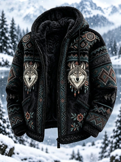 Męska kurtka z grubej flaneli w stylu nordyckim z głową azteckiego jelenia w stylu vintage